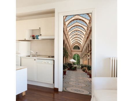 Adhesivo Decorativo de Puerta PLAGE Galería Parisina Típica con Piso de Mosaico y Techo de Cristal Pasaje Parisino Viejo 83 cm X 204 cm