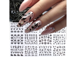 Juego de 12 pegatinas para uñas de color negro con diseño 3D, aptas para gel, polvo y materiales plásticos.