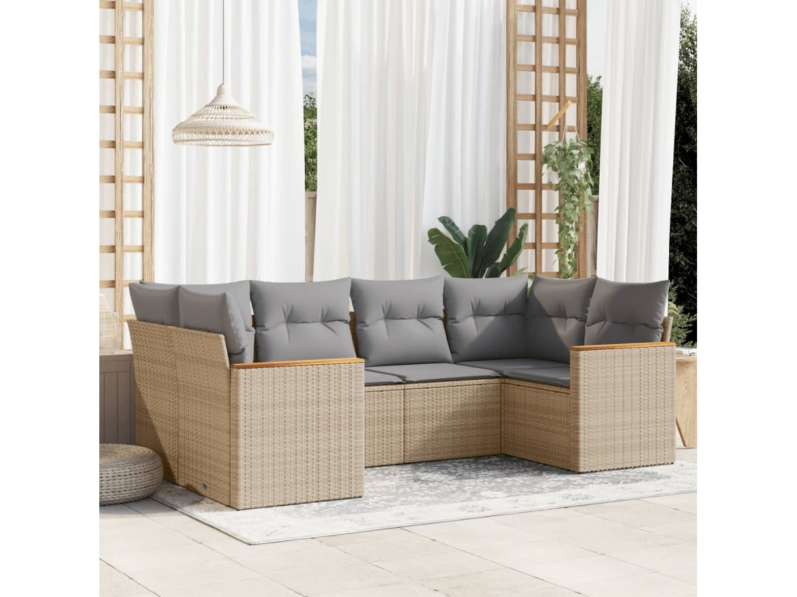 Conjunto de sofá de jardín de 6 piezas con cojines, mimbre beige mixto, DKD Home Decor