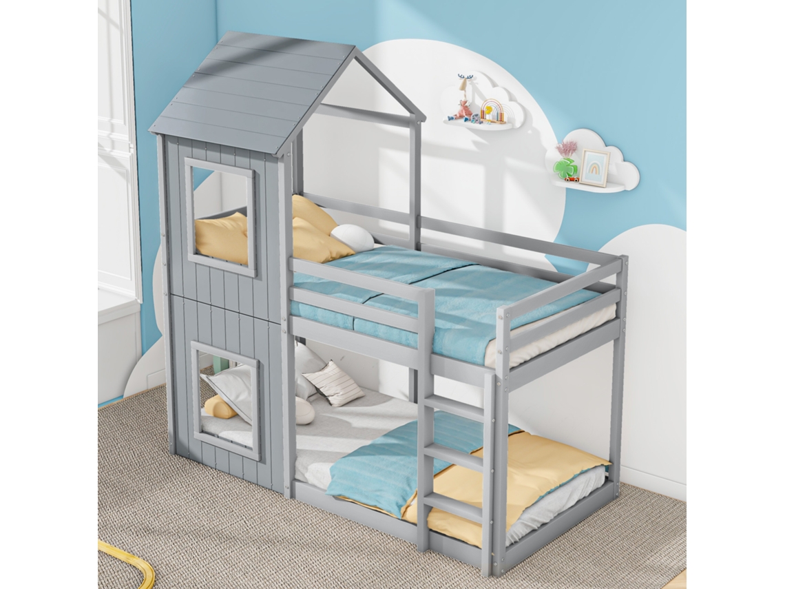 Litera Infantil Tipo Cabaña, 90x200 Cm, Con Escalera Y Dosel, Madera Maciza, Gris.
