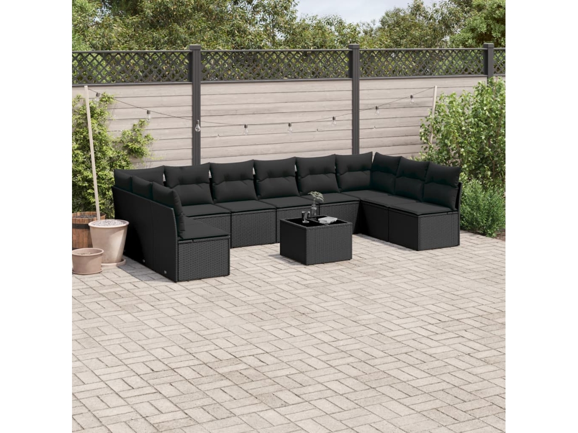 Conjunto de sofá de jardín de 11 piezas con cojines de mimbre sintético negro de DKD Home Decor