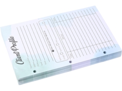 50 tarjetas de perfil de cliente en papel verde con perforaciones para carpeta de 3 anillas.