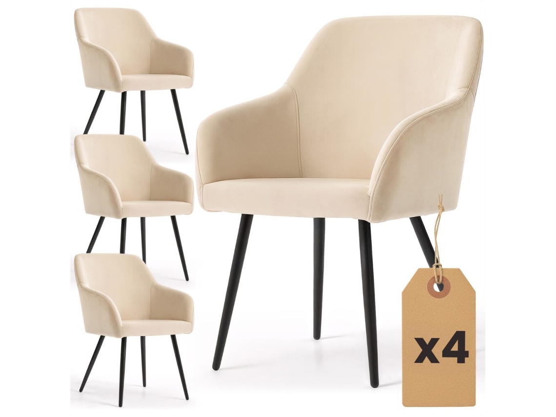 Juego De 4 Sillas En Terciopelo Liso Estelle Beige Patas Negras