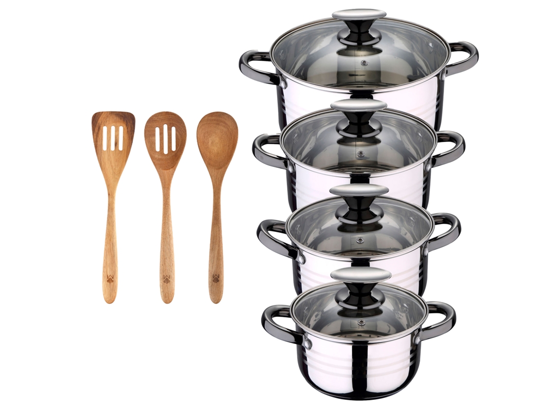 Batería De Cocina Ø16ø18ø20ø24 Cm De Acero Inoxidable Dina San Ignacio (8 Piezas) Con 3 Utensílios