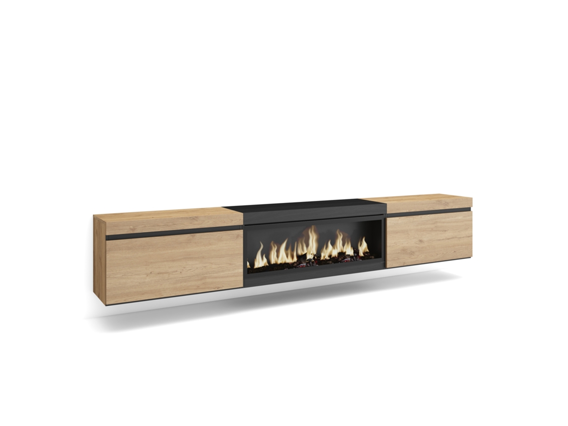 Mueble de TV | Amplio espacio de almacenamiento | 267 x 45 x 35 cm | TV de gran formato | Chimenea eléctrica XXL | Colgante | Roble y negro Duérmete Online