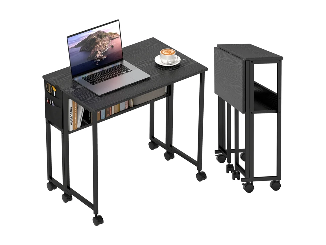 Mesa Plegable Con Ruedas Y Bolsillo Organizador, Color Negro.