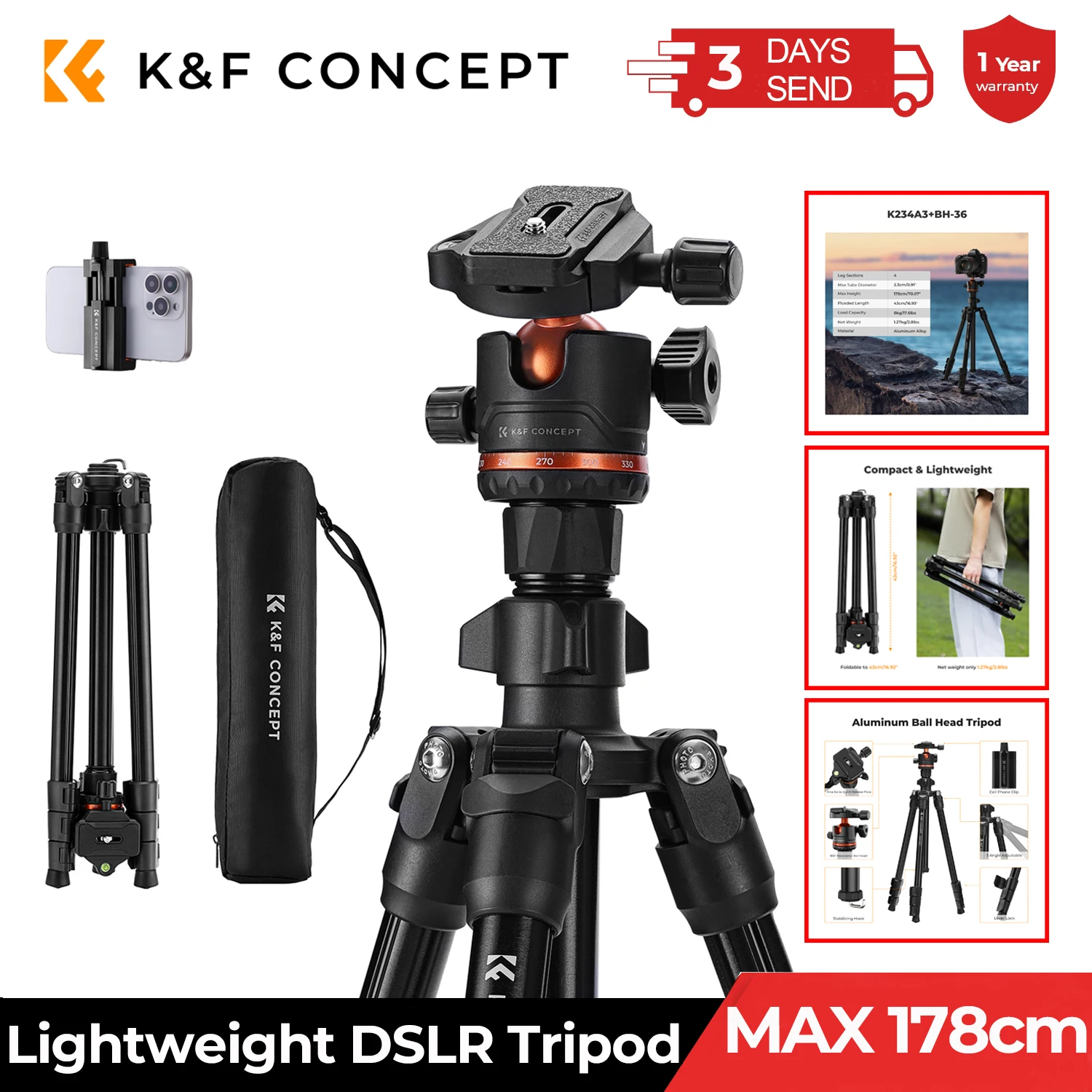 Trípode para cámara de 178 cm con clip para teléfono móvil, ligero para viajes al aire libre, para DSLR, smartphones, streaming en directo y vlogs.