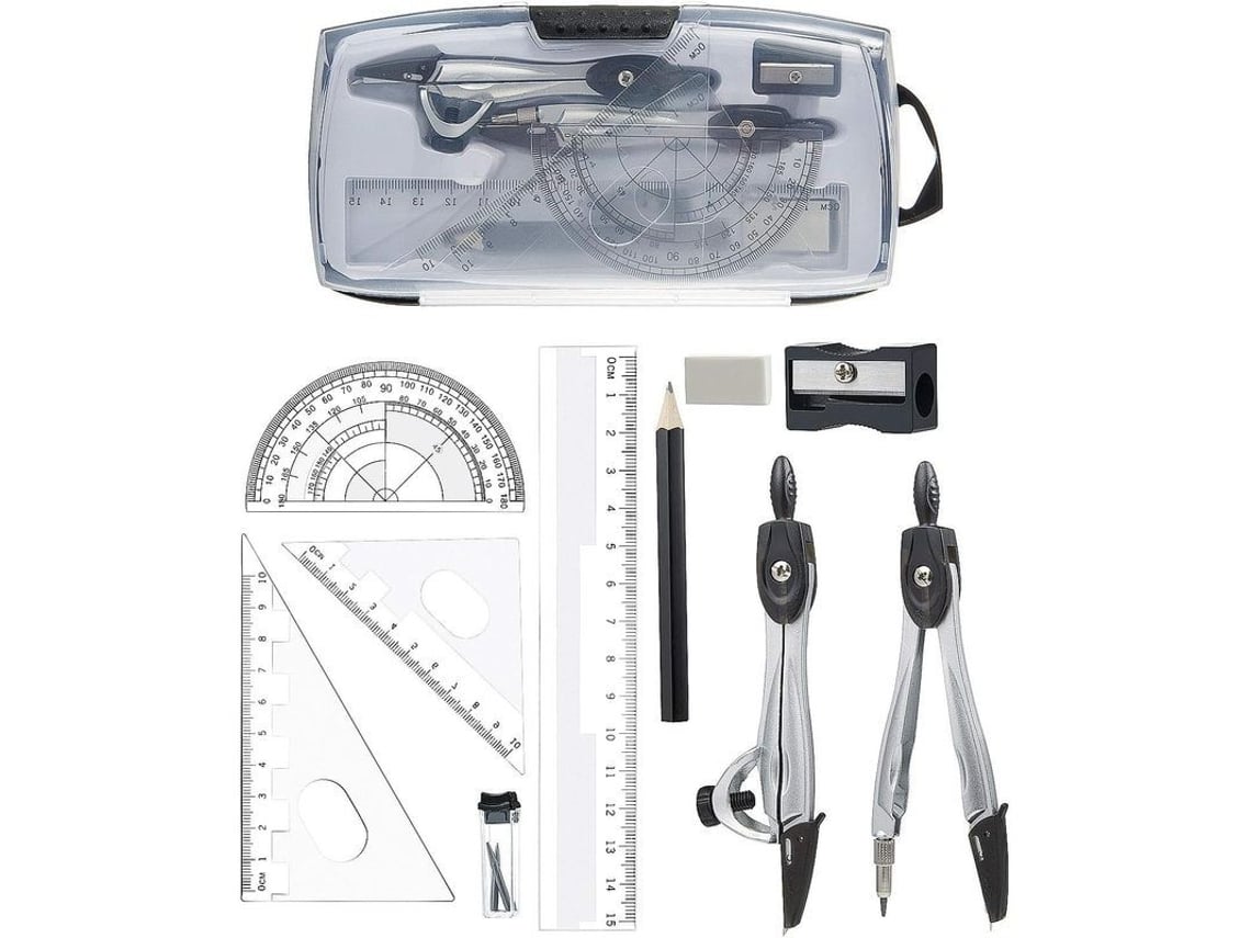Juego de geometría Rebe-kit con 10 piezas: regla, estuche, compás, lápiz, recambios, goma de borrar y estuche.