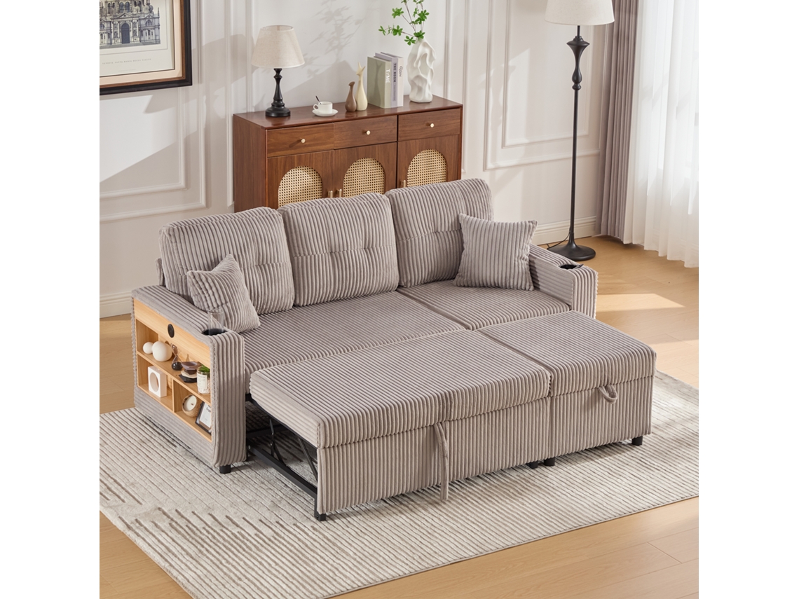 Sofá multifuncional de 3 plazas con almacenaje y cama extensible, gris claro, Mobrio