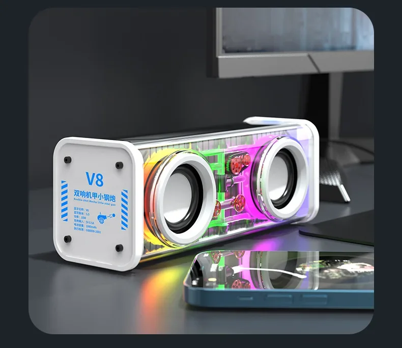 Altavoz mecánico transparente (blanco) con subwoofer de doble diafragma, Bluetooth 5.0 inalámbrico