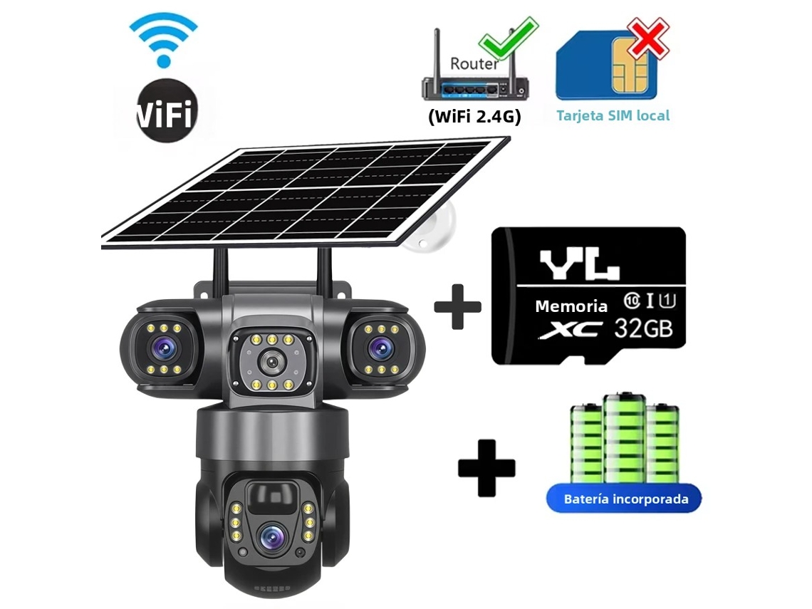 (tarjeta 32g) Cámara De Seguridad, 3 Lentes, Wifi, Energía Solar, Visión Nocturna Hd, Alarma.