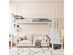 Cama Mezzanine 140x200cm, Estanterías, Escalera Con Almacenaje, Espacio Bajo Cama, Barandilla, Capacidad 150kg, Sin Colchón, Blanco