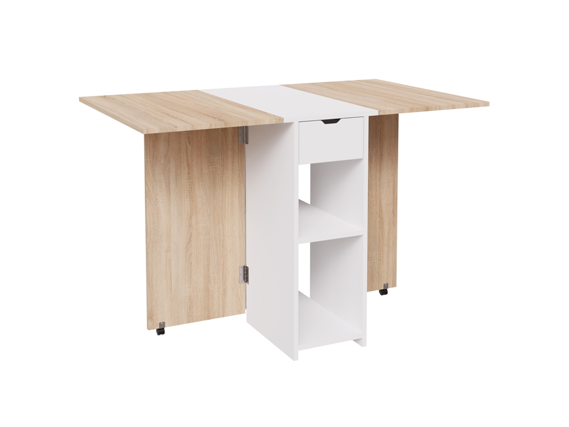 Casabel, Mesa de Jantar Dobrável para Espaços Pequenos com 1 Gaveta e Prateleira Dupla, Armário Central Branco e Tampo de Madeira Clara