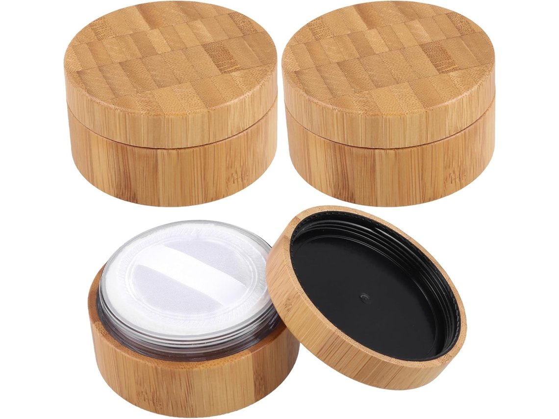 Lot De 3 Boîtes Poudre En Bambou 30 Ml Tamis Y Houppyte, Étui Vide Recargable Pour Maquillaje