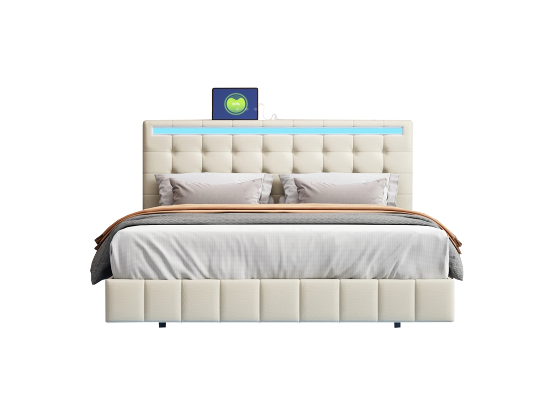 Cama para adultos de 140 x 200 cm - Cama flotante con LED y 2 puertos USB - Estructura de cama - Tejido de lino - Gris