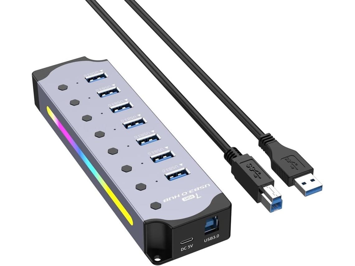 Hub Usb 3.0 Rgb De 7 Puertos Con Interruptores Led, Aluminio, Para Pc/ordenador (ue)