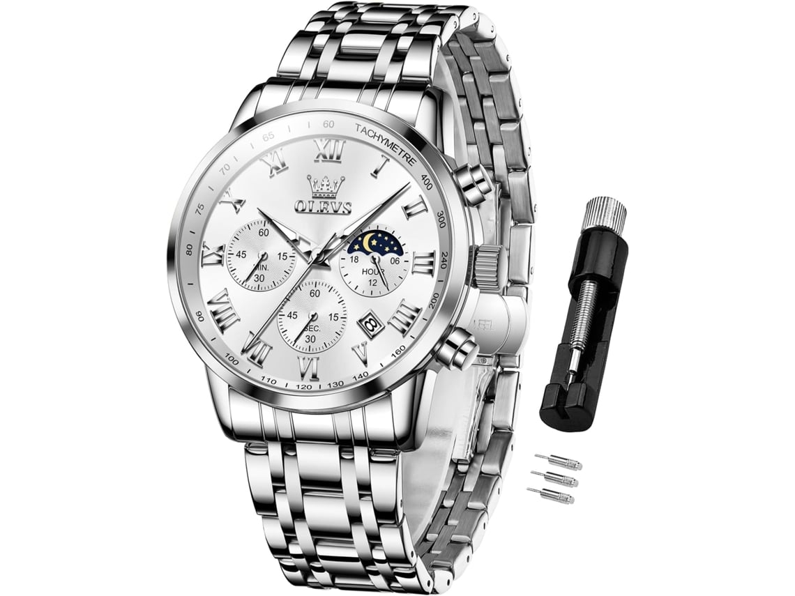 Masculino Cronógrafo Cuarzo Fase De La Luna Reloj Luminoso Impermeable Plata Blanco Yuysan