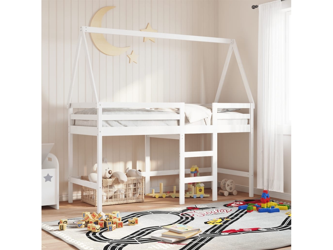 Cama alta con escalera y techo 90x190 cm pino macizo blanco Lovely Home
