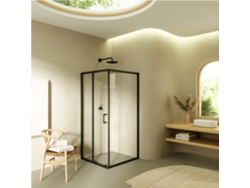 Cabina de ducha Dora de 95 x 100 x 190 cm con puerta corredera y 1 panel fijo, perfiles negros y cristal templado transparente, Moments of Glass