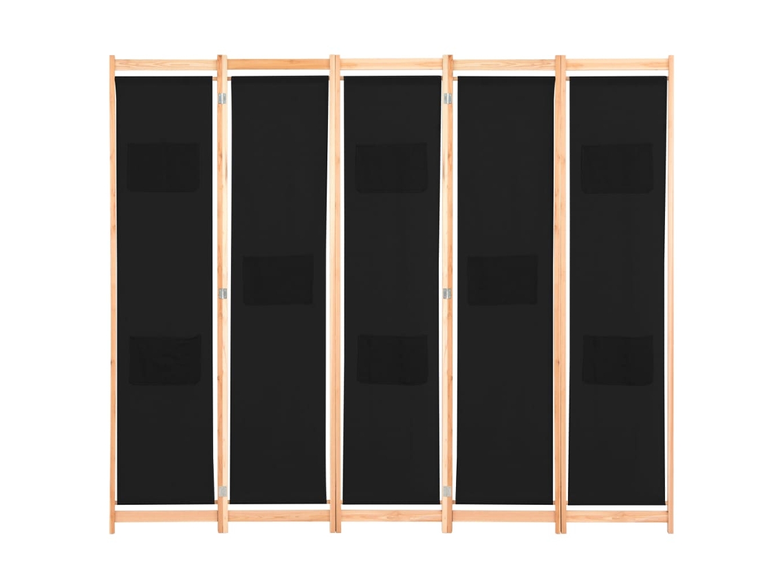 Separador de ambientes con 5 paneles, 200x170x4 cm, tela negra.