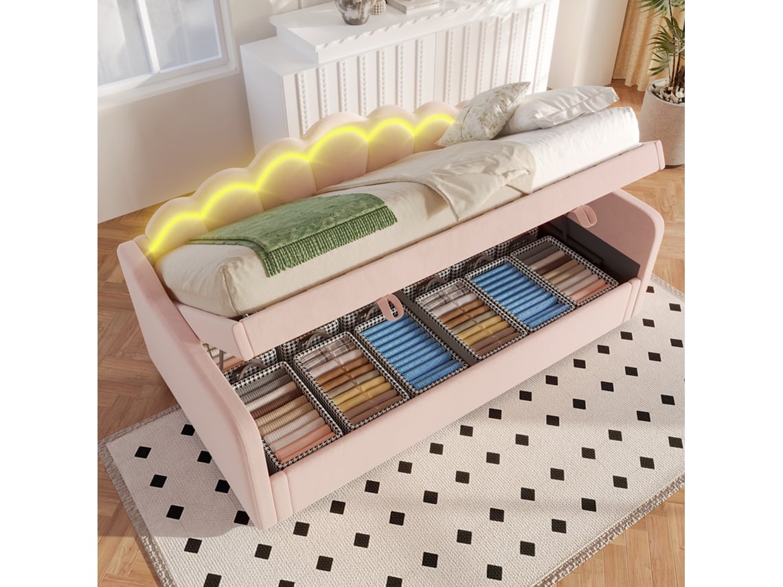 Sofá Cama Rosa De 90x200 Cm, Con Iluminación Led Y Almacenamiento Hidráulico, Ideal Para Jóvenes.
