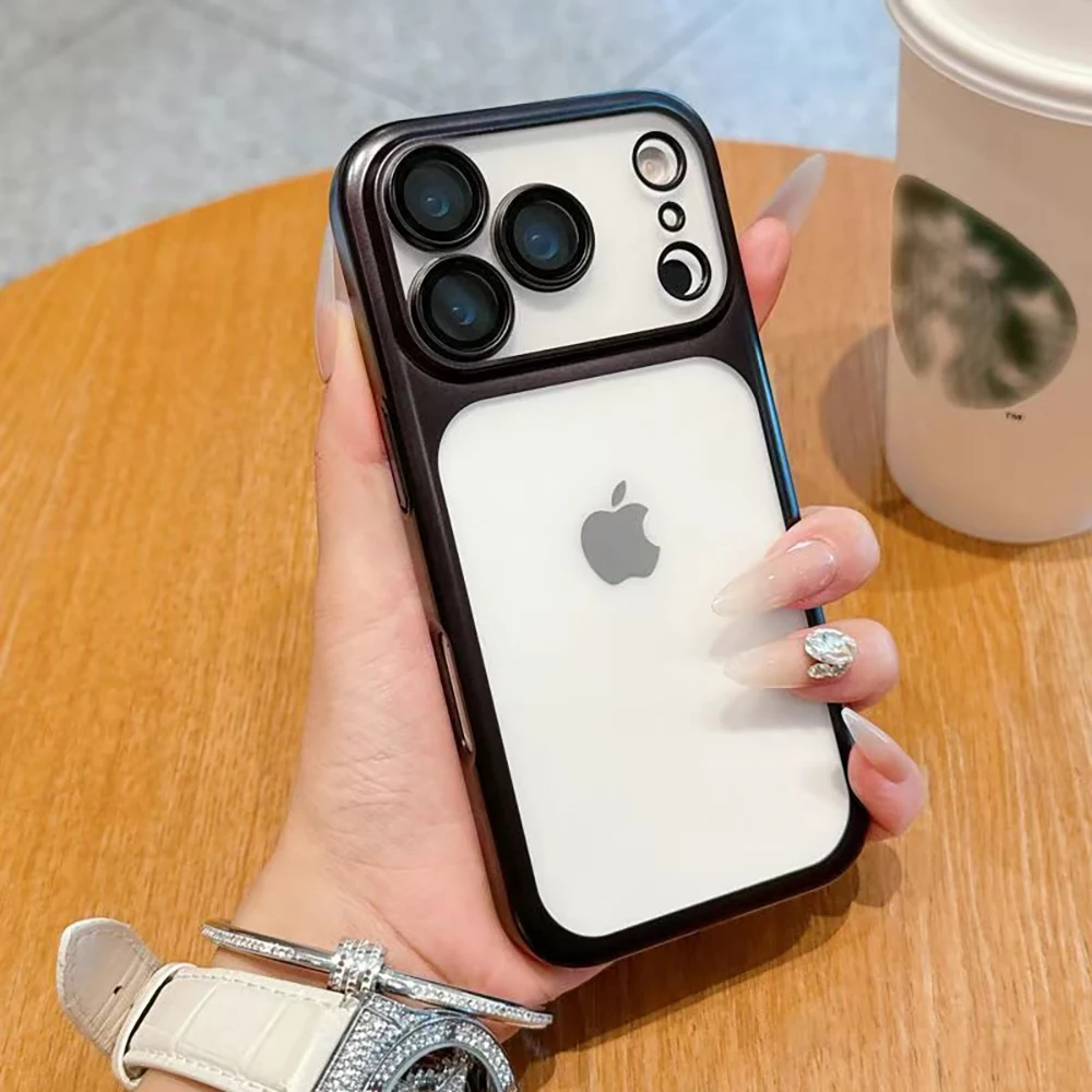 (iphone 17 Pro Max Negro) Funda Transparente Mate Con Marco Galvanizado Para Iphone, Protector De Lente A Prueba De Golpes
