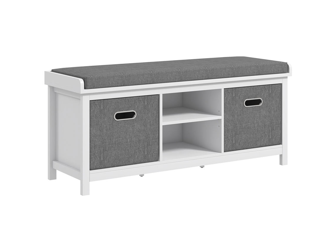 Banco zapatero de 3 niveles, 2 cajones y cojín extraíble, fabricado en cartón prensado, 105x35x47 cm, blanco y gris.
