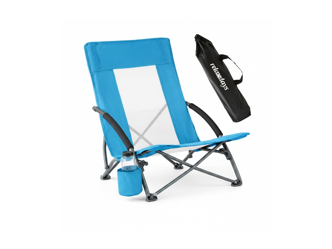 Cadeira De Praia Dobrável Relaxdays, Bolsa, Porta-copos, 135 Kg, Malha, Leve, Poliéster, Metal, Azul
