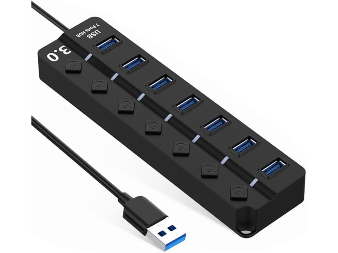 Adaptador Usb De 7 Puertos, Abs Negro, Transmisión De Datos De Alta Velocidad, Indicador
