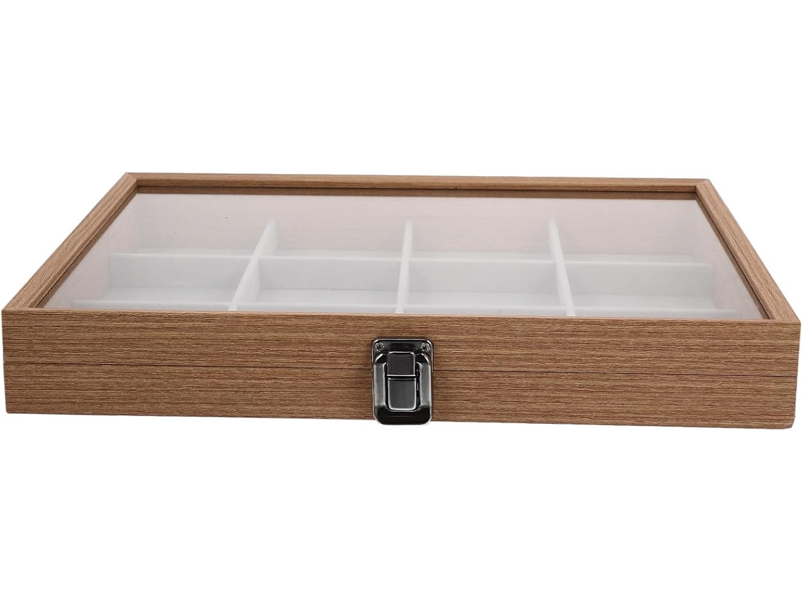 Joyero Transparente Ventana Cristal 12 Compartimentos Madera Peral Organizador Versátil Pendientes Colgantes