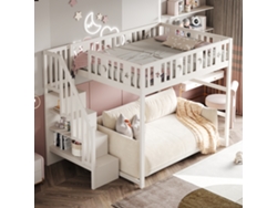 Cama infantil 140*200 con escalera, cama alta en madera maciza con dispositivos de seguridad, decoración de estrellas y lunas.