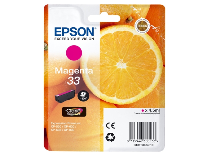 Cartucho de tinta original EPSON, 33, Naranjas 4,5 ml , Magenta, Estándar, C13T33434012, T3343