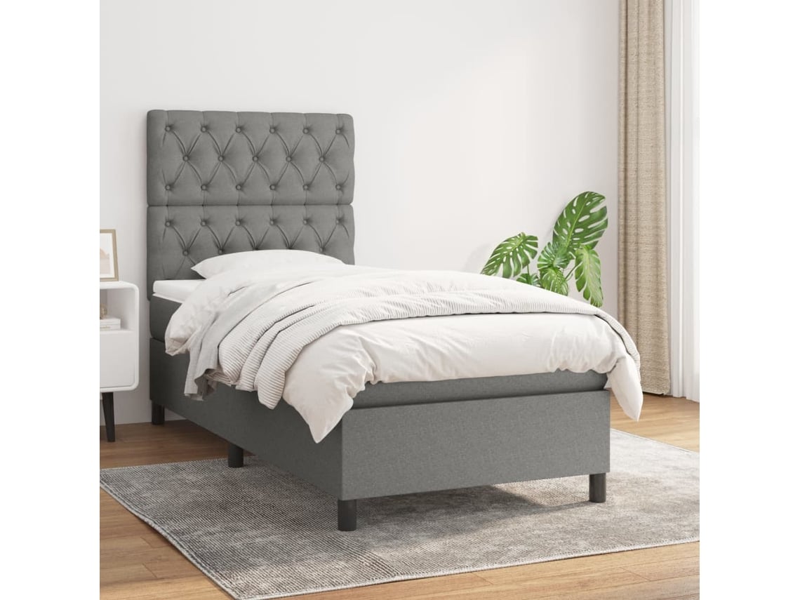 Cama Box Spring Con Colchón Tela Gris Oscuro 80x200 Cm