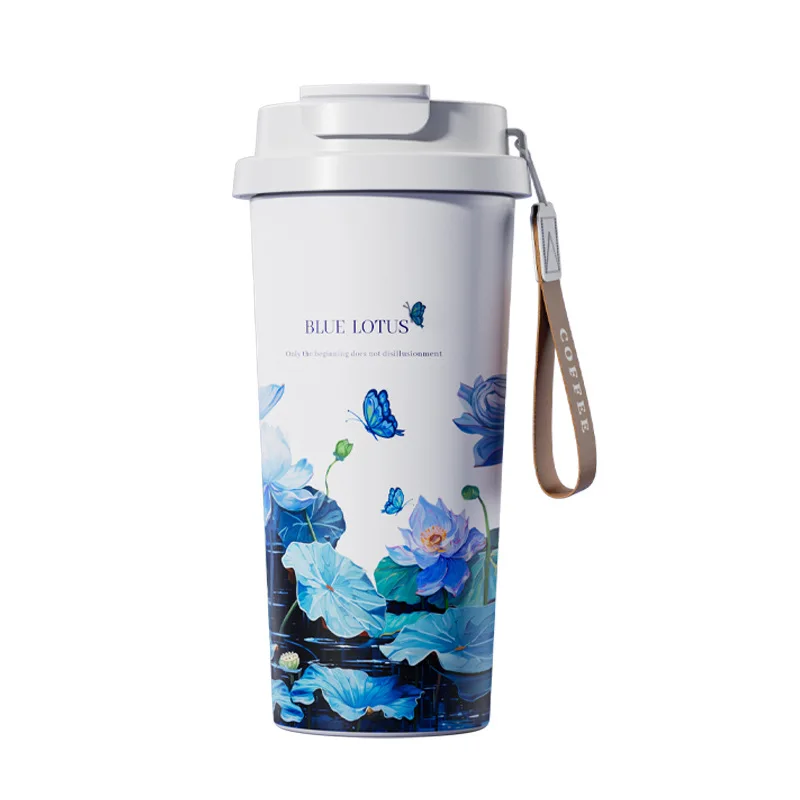 (Blue Lotus 600ml) Botella térmica de acero inoxidable de 600 ml, taza de café de doble función, botella térmica portátil al vacío.