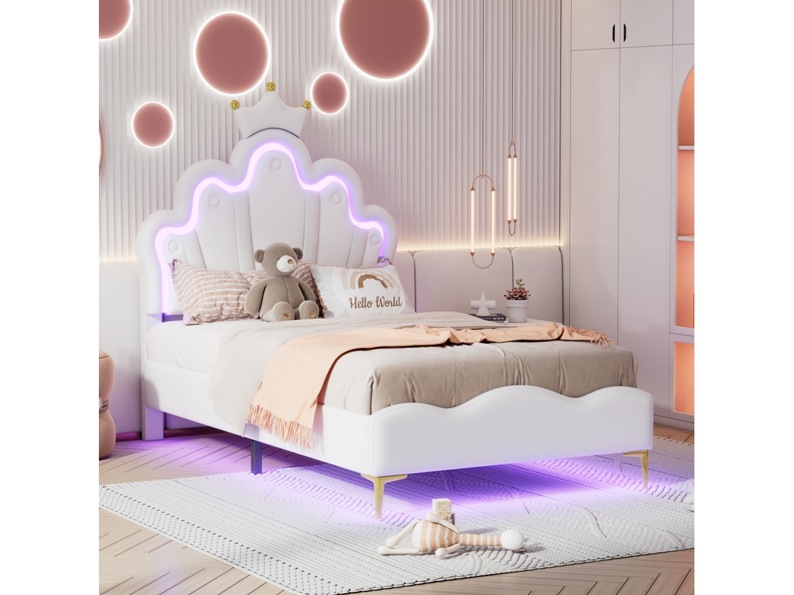 Cama Infantil Tapizada De 90x200 Cm, Cama Princesa Con Forma De Corona, Cama Individual Con Led Y Cabecero Ajustable, Pu Blanco, Sin Colchón.