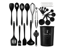 Juego de utensilios de cocina de silicona, aptos para sartenes antiadherentes, 32 piezas. Negro. Sin BPA.