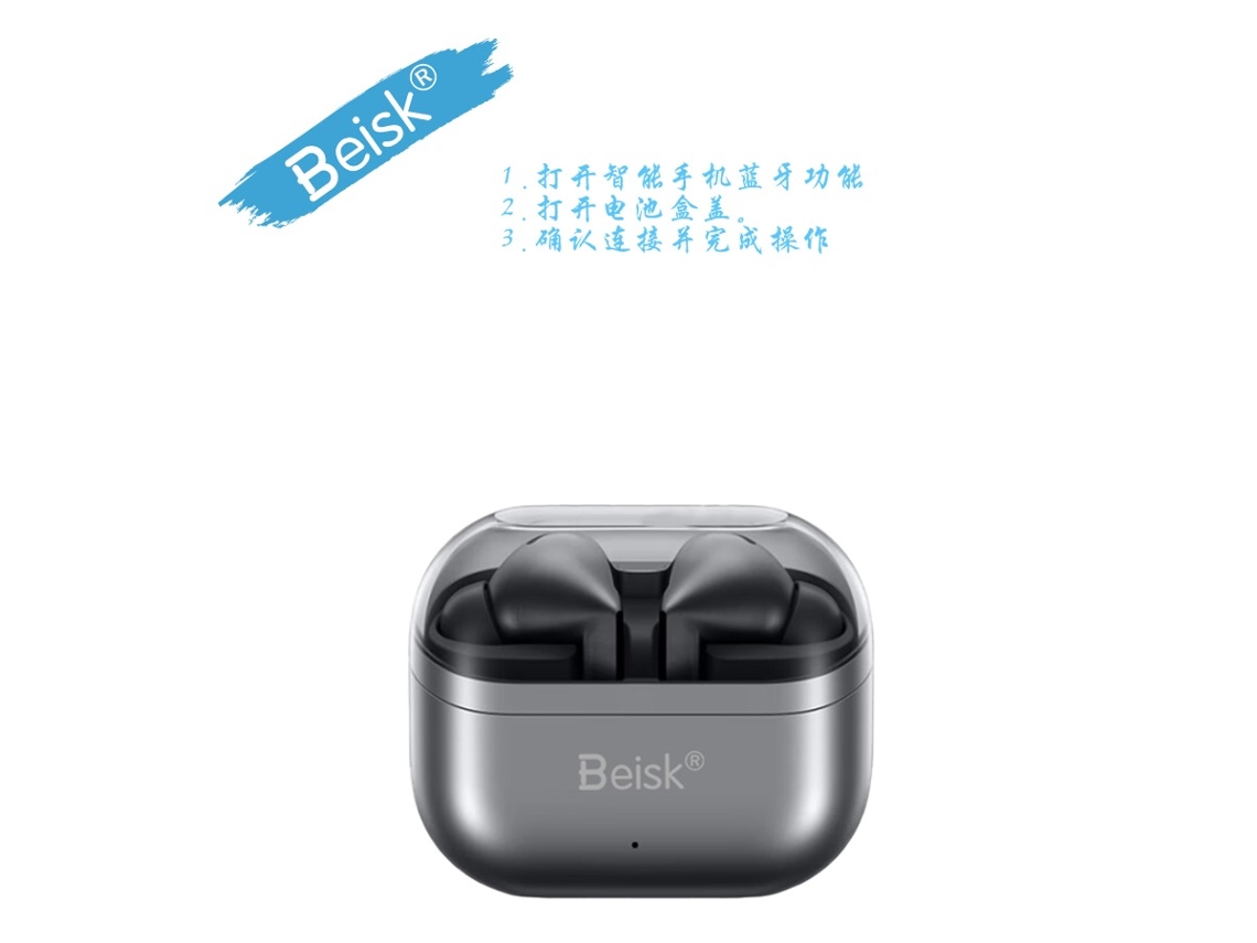 Auriculares Bluetooth inalámbricos auténticos con estuche transparente, color gris plateado/blanco, intraauriculares TWS Beisk