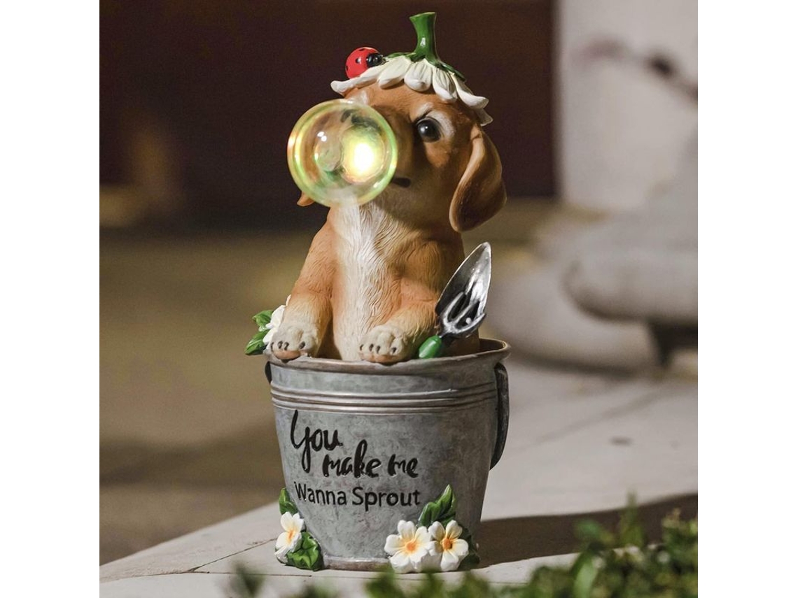 Estatua de jardín de un cachorro con chicle y luces LED solares para decoración, 29,8*15,6 cm