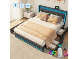 Cama Doble 180x200 Cm, Tapizada, 4 Cajones, Con Luces Led - Control Mediante App, Usb Tipo C, Tejido De Lino - Gris