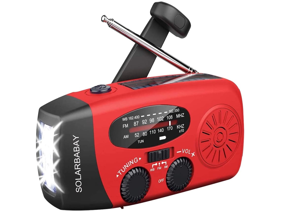 Equipo de supervivencia para condiciones climáticas impredecibles, radio meteorológica solar de emergencia con cargador portátil y fuente de alimentación.