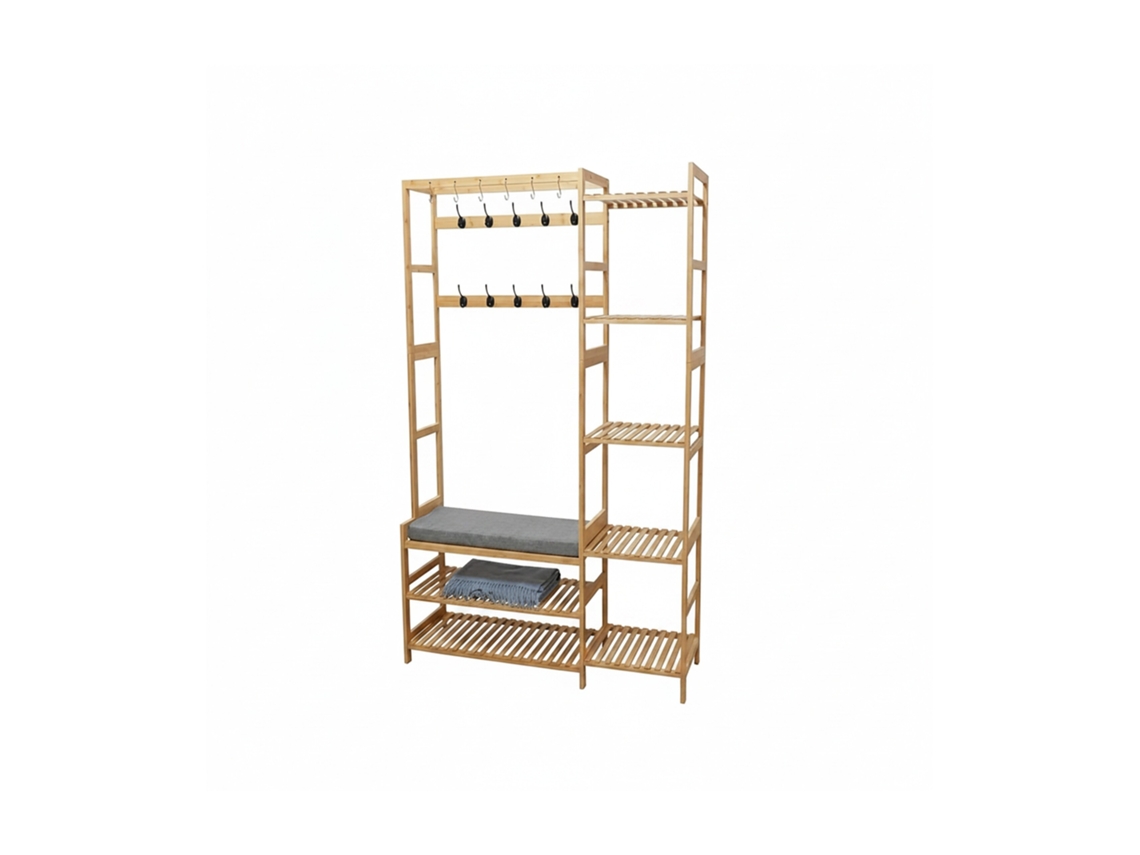 Relaxdays Perchero, Banco, Zapatero, 15 Ganchos, 5 Estantes, 175 X 104 X 33 Cm, Bambú, Natural
