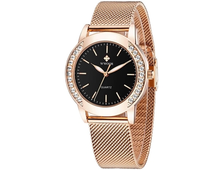 VEANXIN Relojes de diamantes Reloj de pulsera con pulsera de malla de oro rosa-Negro