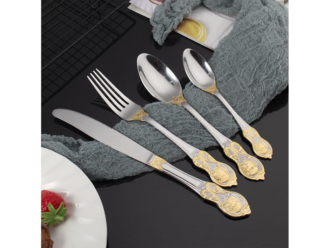 Juego De 4 Cubiertos De Acero Inoxidable Con Diseño De Mono (cuchillo, Tenedor Y Cuchara) Chapados En Oro Con Relieve Retro.