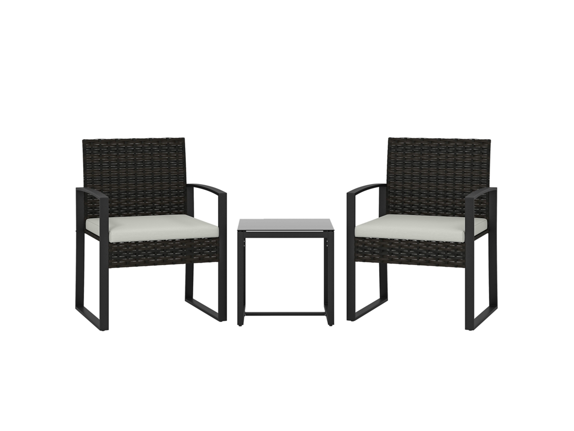 Conjunto De Muebles De Ratán Con 2 Sillas Y Mesa De Cristal Color Crema.