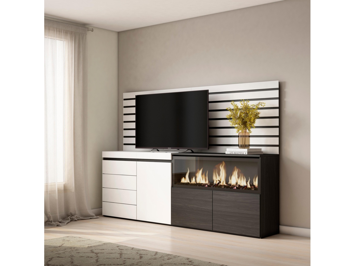 Aparador, 214x145x35 cm, Dormitorio, habitación, Chimenea eléctrica XXL, Cómoda, Cajonera, Blanco SKRAUT HOME