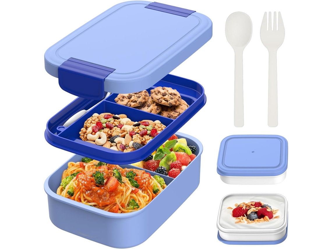 Fiambrera para niños y adultos - 1960 ml con compartimentos - Libre de BPA - Incluye recipiente para cubiertos y salsa - Azul