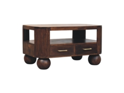 Mesa de centro de madera maciza con patas esféricas, color marrón, 2 cajones, Muebles Artisan