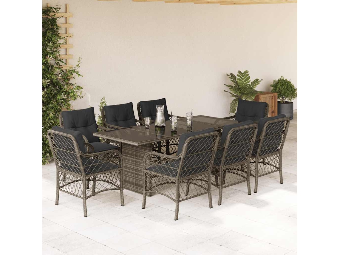 Juego de comedor de jardín de 9 piezas DKD Home Decor con cojines de mimbre gris