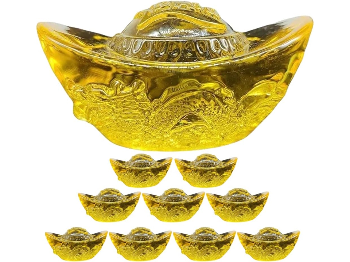 Juego 10 Lingotes Decorativos Cristal Dorado Modelo Dragón Yuanbao 4 Adorno Oficina Hogar Decoración