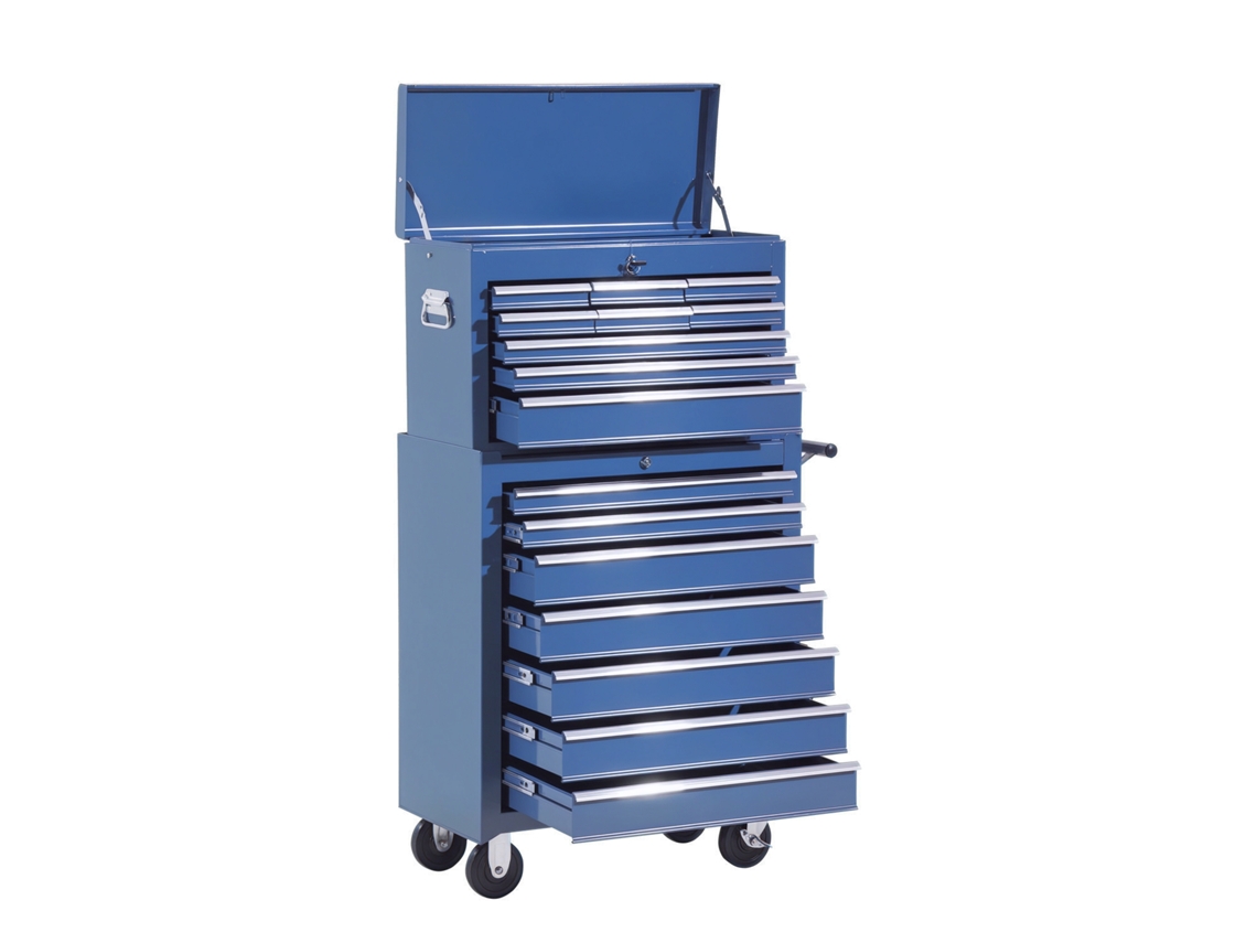 Carro de taller Veltrix azul con cajones y compartimentos.